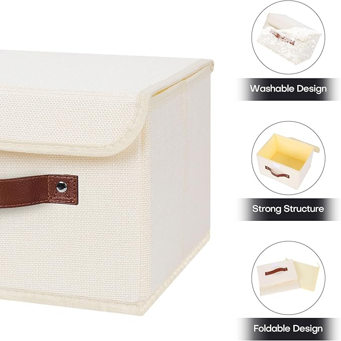 ANMINY Fabric Storage Box Bins with Lids, Beige, 10"x8"x7", 4 Pack | Keepsake Memory Storage, Cotton Linen, PP Board Reinforced, Washable, PU Handles, Foldable & Stackable, Decorative, Small