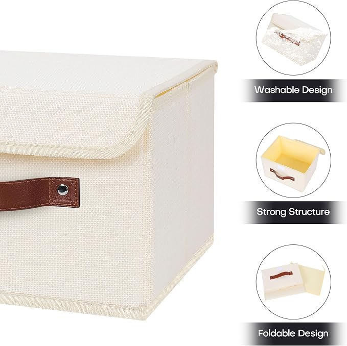 ANMINY Fabric Storage Box Bins with Lids, Beige, 10"x8"x7" | Keepsake Memory Storage, Cotton Linen, PP Board Reinforced, Washable, PU Handles, Foldable & Stackable, Decorative, Small