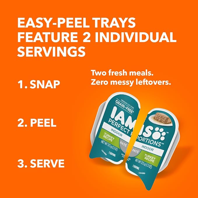 IAMS Perfect Portions Grain Free Pate Wet Cat Food, Turkey, 24 Count | Grain-free, Vitamin E immune support, dietary fiber & prebiotic for digestion, no fillers, 2.6 oz. snap-peel-serve twin packs