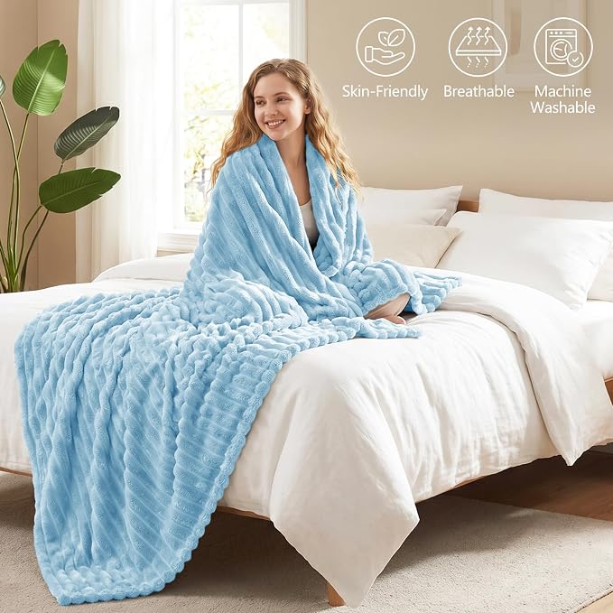 Light Blue Twin Blanket for Bed & Couch, 60 x 80 Inch | 300GSM Ribbed Fleece Blanket, Soft, Cozy & Lightweight, OEKO-TEX Certified, All-Season Use for Travel, Dorm & Home Decor