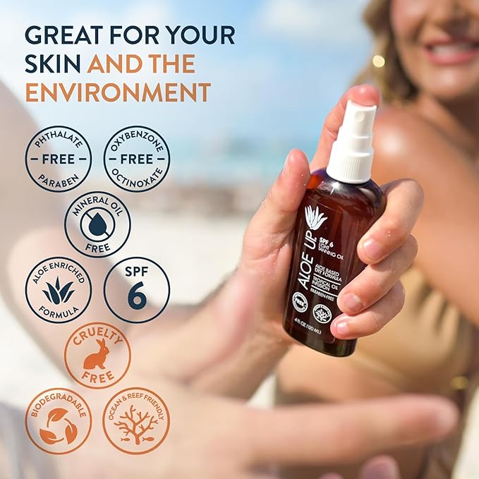Aloe Up Light Tanning Oil With SPF 6 Sunscreen - Body and Face Tanning for Outdoor Sun - With Pure Aloe Vera Oil and Natural Oils - Absorbs Quickly - Reef Friendly - Fresh Tropical Scent - 4 Oz