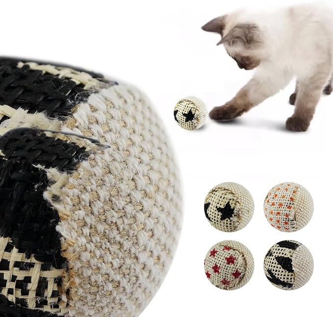 TTcat Canvas Burlap Cat Toy Balls, 4 Pack Natural Woven Linen Cat Play Balls, Durable Textured Kitten Chew Chase Toys, Lightweight Interactive Cat Ball Toys for Indoor Kittens & Cats.