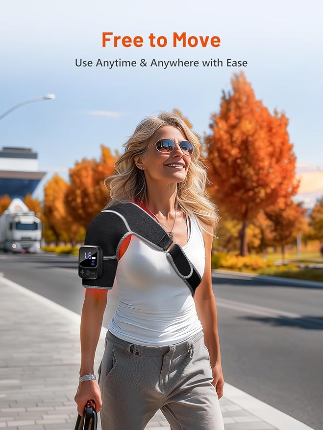 Red Light Therapy for Shoulder with Heat & Massage, 6 Modes 5000mAh Cord-Free Controller Infrared Light with 216 Beads 660nm & 850nm Portable Heated Shoulder Pad, Last 110-240mins