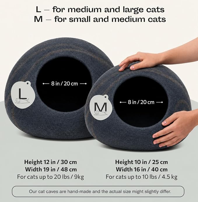 Cat Cave - Merino Wool Bed for Indoor Cats (Slate Gray, Medium) | Cat Bed Enclosure, Premium Felt, Handmade, Super Soft, Lightweight, Breathable, Adjustable Shape
