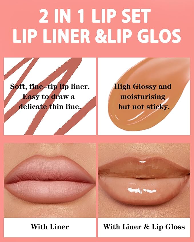 Matte Nude Brown Lip Liner Lipstick&Hydrating Glow Lip Oil Lip Combo Set,Moisturizing Plumping Lips Gloss&Smooth Lipliner Liquid Lipstick Long-Lasting,2 in 1 Women Tinted Liptint Stain Balm Makeup -06