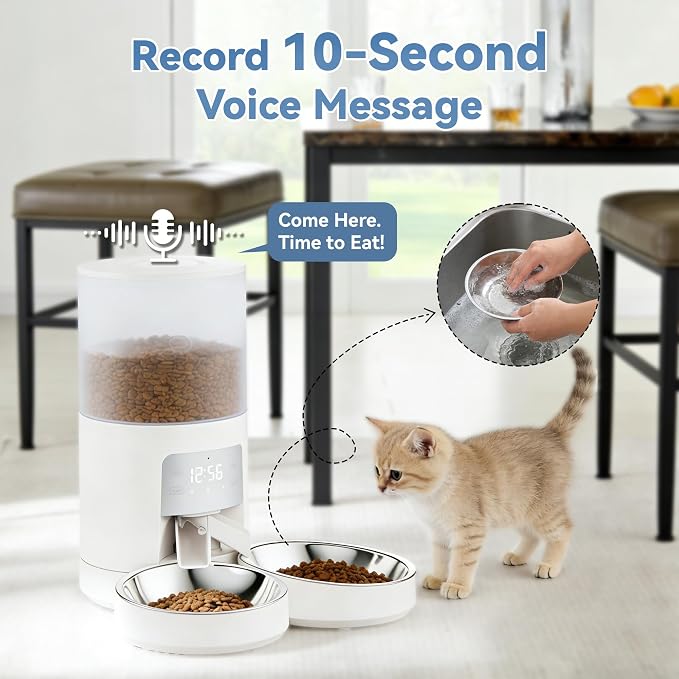 Sweetcrispy Automatic Cat Feeder for 2 Cats, 6L Automatic Pet Feeder, White | 25.3 Cups, 2 Stainless Bowls, Programmable Schedule, 6 Meals/Day, 50 Portions/Meal, Dual Power Supply, 10s Meal Call