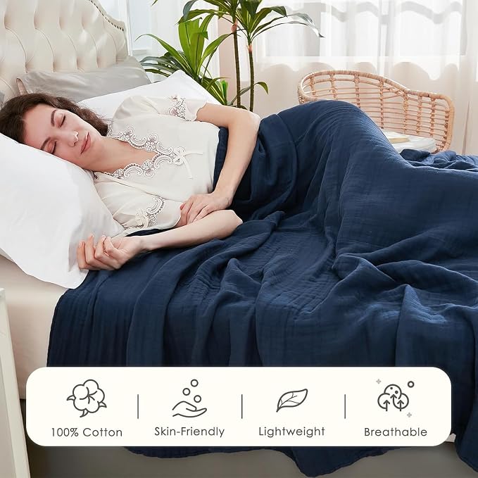 EMME Muslin Blankets for Adults Throw Blanket for Couch Breathable Gauze Soft Lightweight Airy Navy Twin XL 66" x 90"