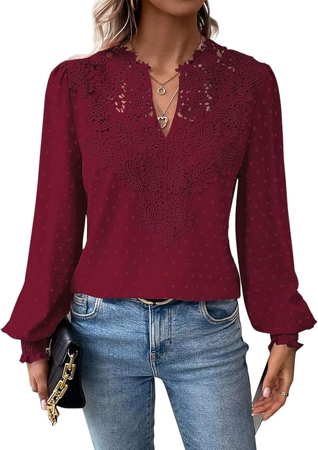 Womens Tops Swiss Dot Boho Long Sleeve Shirts V Neck Casual Chiffon Blouses Flowy Lace Hem Cute Clothing Trendy 2026