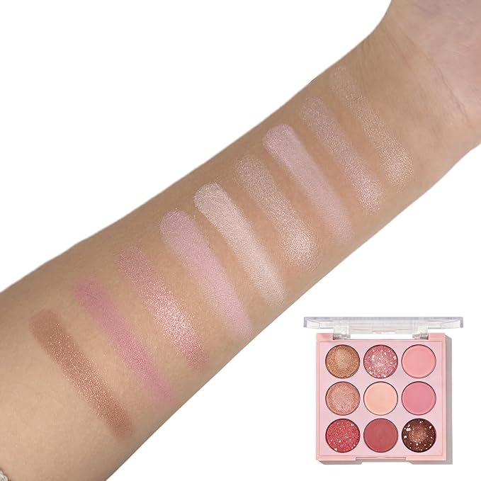 9 Colors Shimmer Eyeshadow Makeup Palette, Matte Nude Neutral Eye Shadow Palettes, Highly Pigmented Long Lasting Waterproof Blendable, sombras para ojos Pink Golden Brown Eye Glitter