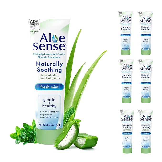 AloeSense Naturally Soothing Toothpaste for Sensitive Teeth and Gum Care with Aloe Vera, Allantoin & Fresh Mint Flavor, Gentle & Natural, ADA Approved (5-oz, 6 Count)