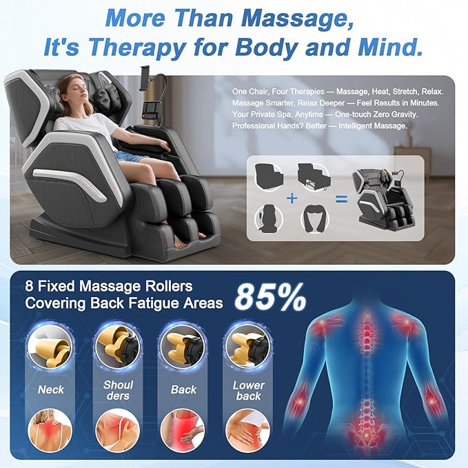 Massage Chair Full Body, Zero Gravity Massage Chair 2025 for Back Fatigue with 10 Fixed Rollers, Airbags, Heating, Phone Controller, Bluetooth Speaker, Nightlights for Living Room, Bedroom