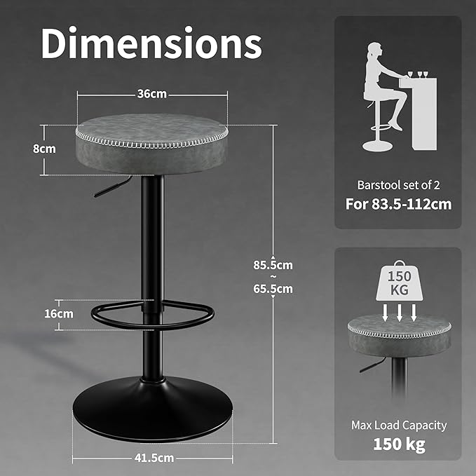 Adjustable Bar Stools Set of 2 Backless Kitchen Barstools with Round Seat 360° Swivel Counter Height Bar Stools Modern Microfiber Leather Bar Chairs for Dining Room Grey (24-33 Inch,330lbs)