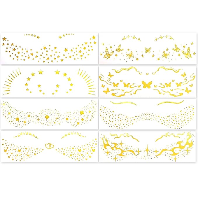 Gold Freckle Tattoo for Halloween - Glitter Temporary Face & Body Tattoos Set (8 Sheets) - Butterfly, Heart & Floral Fake Freckles for Women, Girls, Festival, Party, Costume Accessories
