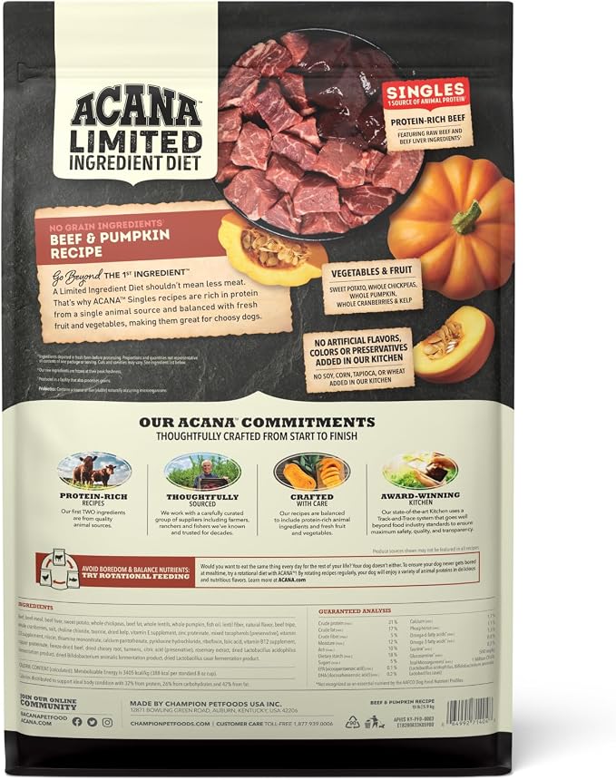 ACANA Singles Limited Ingredient Dry Dog Food Beef & Pumpkin 13lb Bag | Freeze Dried, Grain Free, High Protein, Made in the USA, Omega-3 Fatty Acids, Immune Support, Limited Ingredient