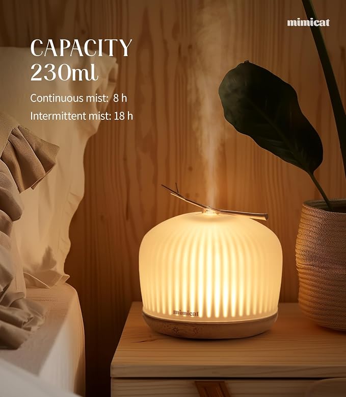 mimicat Whisper-Quiet Glass Essential Oil Diffuser for Bedroom – Aromatherapy for Restful Sleep, Auto Shut-Off, 8H/18H Runtime, 230ML, Wood Base