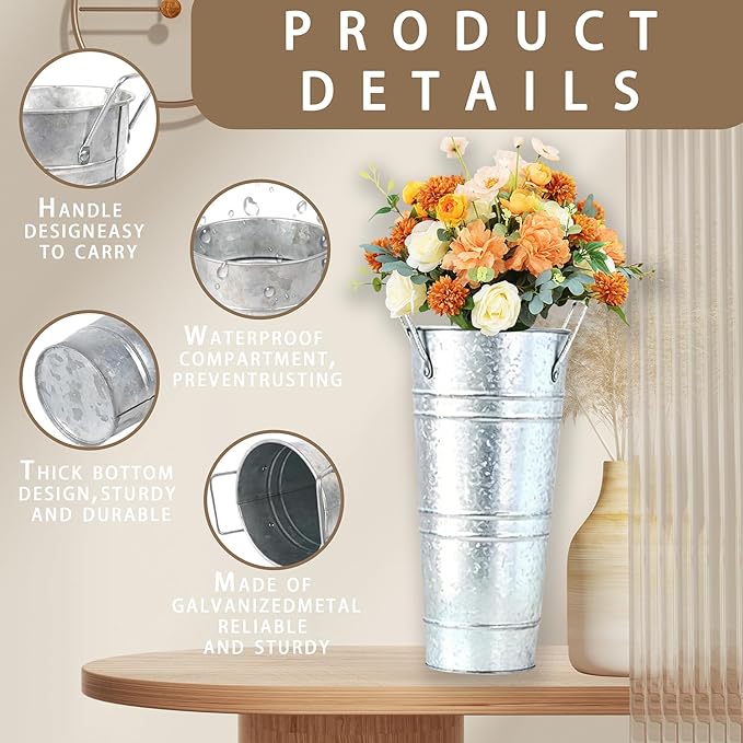 8 Pack Galvanized Metal Flower Buckets, 10 Inch French Country Style Decor Planter Rustic Vintage Tin Vase with Handle Farmhouse Style Floral Container Wedding Table