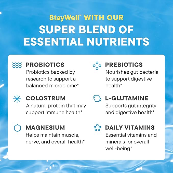 DAILYNOURI StayWell Digestive & Immunity Drink Mix | Supports Gut Health, Digestion, Immunity & Energy | Probiotics, Prebiotics, Colostrum & Daily Vitamins | 30 Stick Packs