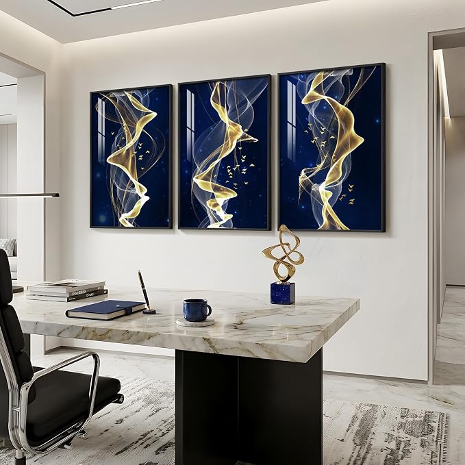Large Framed Modern Blue and Gold Wall Art for Living Room, 3 Piece Abstract Artwork for Walls, Contemporary Luxury Line Picture Prints Paintings for Dining Room Office Hallway, 24x36 Inch