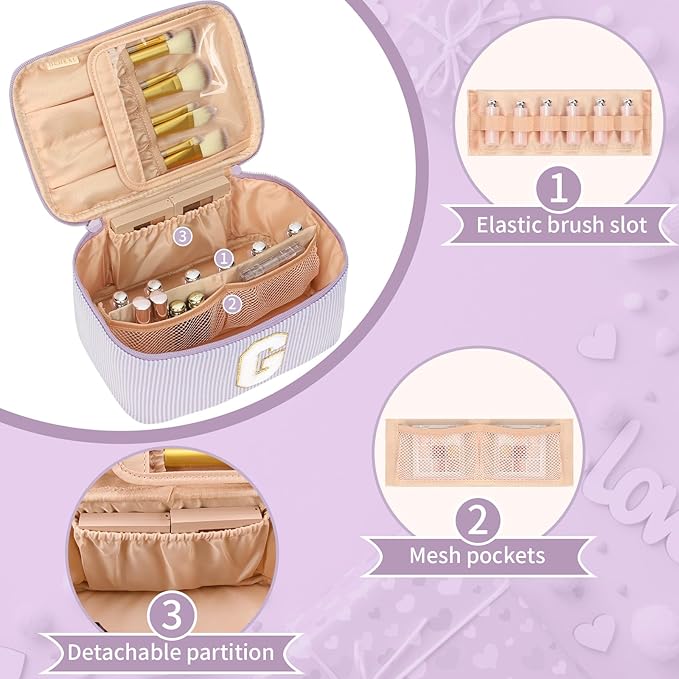 OCHEAL Makeup Bag Valentines Day Gifts for Women, Monogram Cosmetic Bag Purple Travel Makeup Case Beauty Toiletry Bag Organizer Personalized Gifts for Girls Bridesmaid, Sister, Wife, Friends Initial G