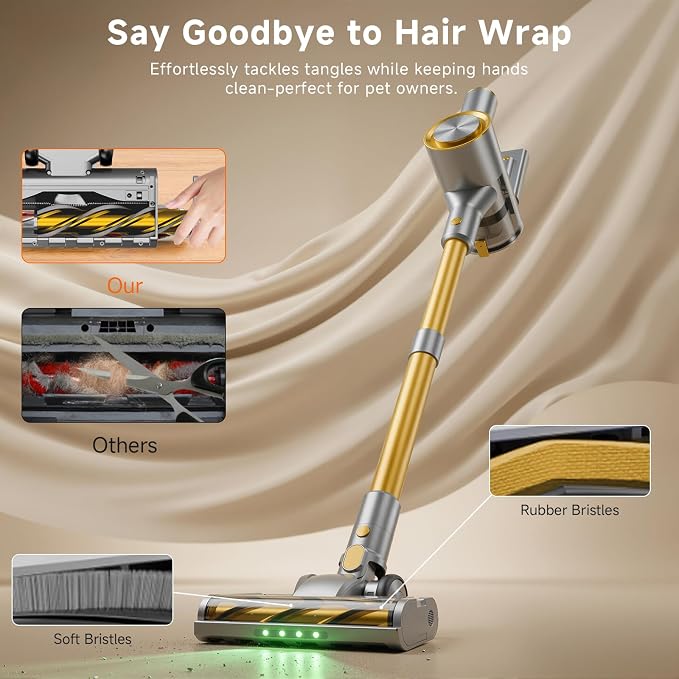 Cordless Stick Vacuum Cleaner - Rechargeable,45Kpa Powerful Suction Vacuum for Home,45Mins Runtime,Detachable Battery,Anti-Tangle, 8 in 1 Lightweight Vacuum for Pet Hair Carpet Hardwood, Yellow