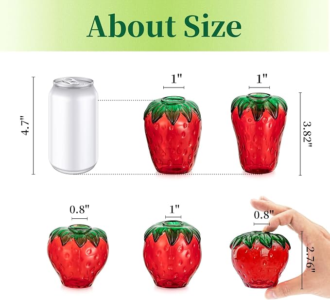 Hewory Cute Glass Strawberry Vases: 5PCS Propagation Vases for Plants | Red Strawberry Decor for Kitchen, Windowsill, Shelves, Gifts for Women, Mother, Novelty Indoor Hydroponic Flower Planter Pot