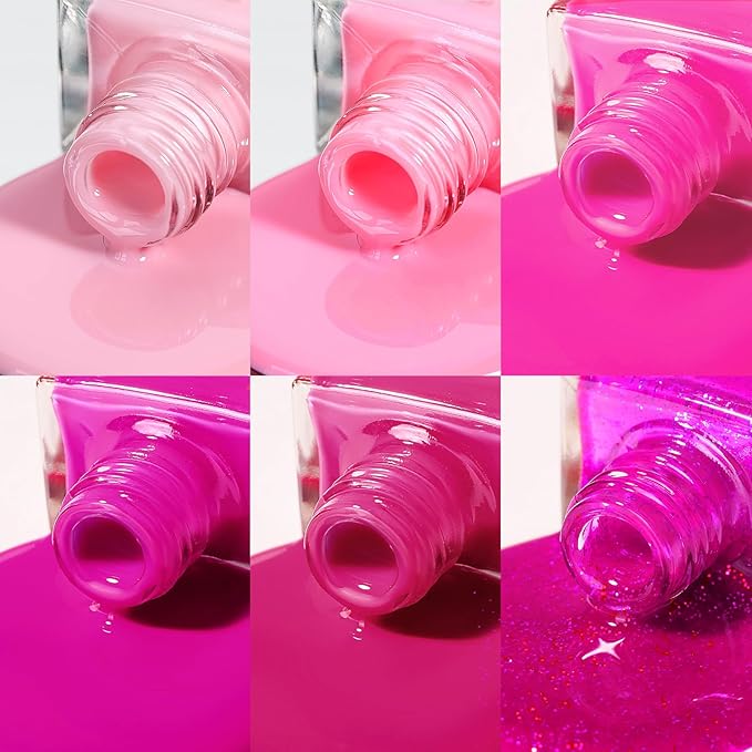 Hot Pink Nail Polish Set, Quick Dry Spring Summer Regular Nail Polish Neon Pink Glitter Fingernail Polish Natural Neutral Nail Lacquer High Glossy Nail Manicure DIY Salon Gift for Women Girl