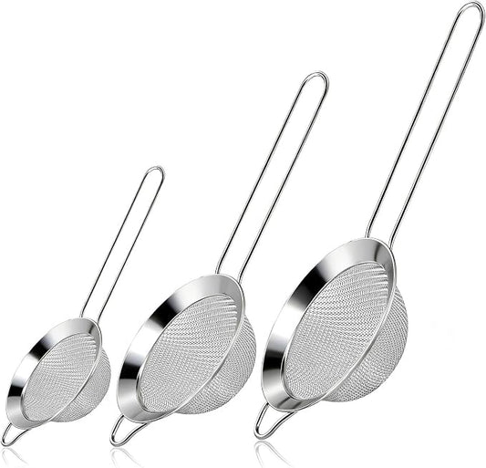 3 Pcs Fine Mesh Strainers with Handle, Stainless Steel Sifter Metal Strainer Set, Small Mini Sieve for Kitchen, Tea, Cocktail, Juice Coffee