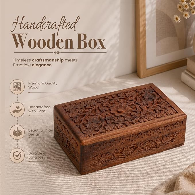 Ajuny Wooden Jewelry Box Hand Carved Flower Keepsake Chest - 8x5 Inch | Multipurpose organizer for necklaces, watches, rings and accessories; elegant birthday, wedding or anniversary present.