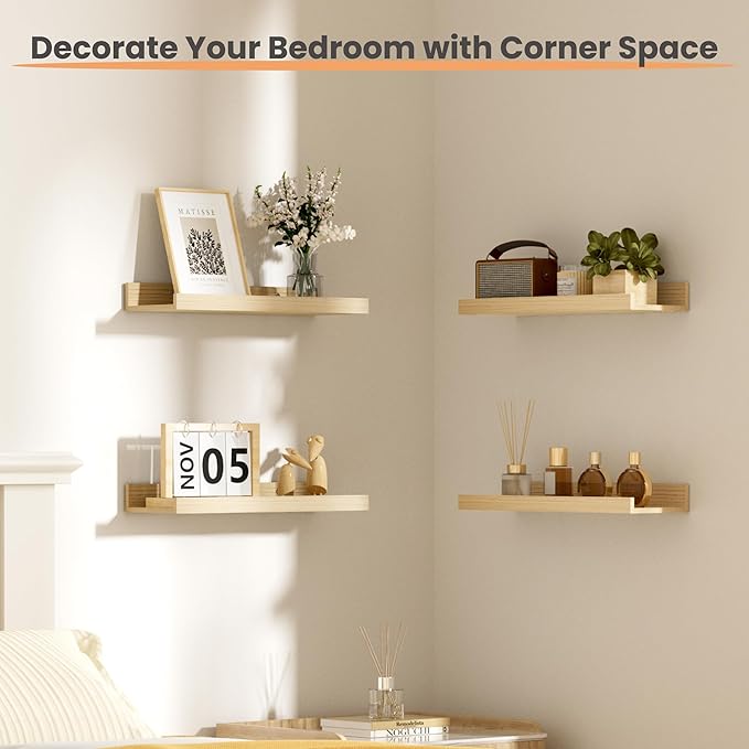 upsimples Floating Shelves for Wall Decor Storage, Natural, 6Pcs, 15.7'' | Wall Mounted Wood Shelves for Living Room, Bedroom, Bathroom, Kitchen, Office, Laundry Room Display and Organize