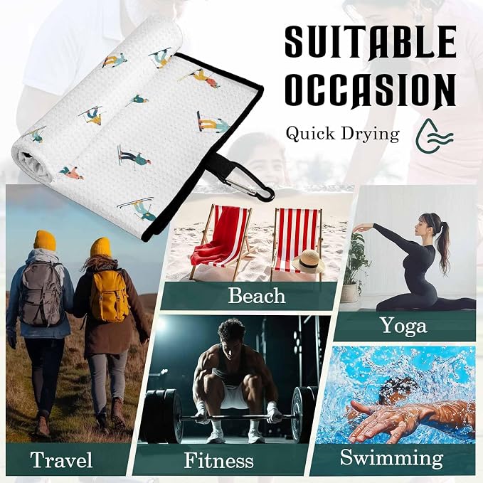 Skiing Golf Towel with Clip, Winter Snow Ski Sports Cartoon Boys Girls Skier Large Microfiber Women Men Sports Work Out Disc Golf Bag Towel for Yoga, Gym, Fitness, Swimming Towels Accessory
