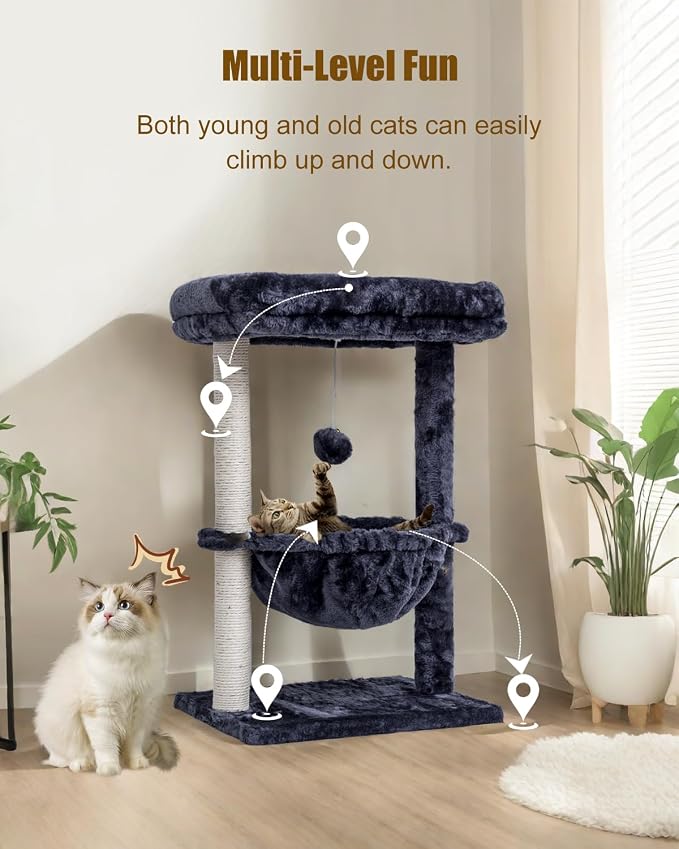 SYANDLVY Small Cat Tree for Indoor Cats, Activity Cat Tower for Kittens | Scratching Post, Cat Condo & Furniture with Basket & Hanging Ball for Play Rest, Smoky
