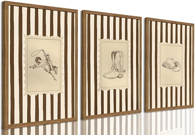 Western Cowboy Wall Art Set of 3, Vintage Cowboy Boots Hat Wall Decor Painting Southwestern Rodeo Canvas Prints Picture for Living Room Bedroom Farmhouse 16x24 Inch Wood Framed