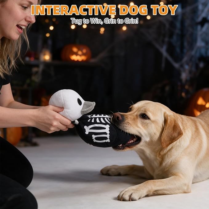 KOOLTAIL Halloween Squeaky Dog Toy, Skeleton Duck‑Shaped Interactive Durable Plush Toy with Crinkle Paper for Moderate Chewers, Toss & Fetch, Indoor Outdoor Cuddle Buddy for Small Medium Large Dogs