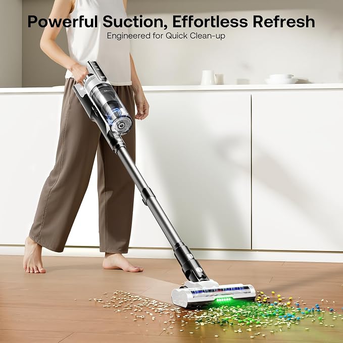 Trucozie Cordless Vacuum Cleaner, Self-Standing Lightweight Stick Vacuum with 50 mins Runtime, Powerful Suction, Anti-Tangle Wireless Vacuum for Home, Hardwood Floor, Carpet, Pet Hair, White