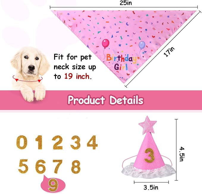 Dog Birthday Bandana Set, Dog Birthday Party Supplies | Puppy Boy Girl Birthday Party Hat with Numbers for X-Small, Small and Meidum Puppy (Pink)