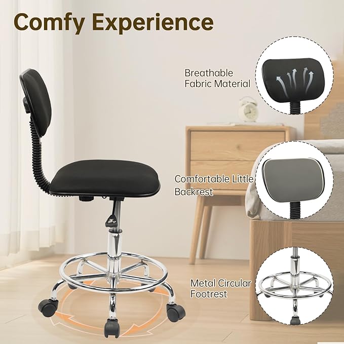Low Wide Rolling Swivel Stool with Backrest, Adjustable Height Salon Chair Stools with Footrest for Spa Tattoo Office Desk Massage Task Lash Barber Facial, Black 4PK