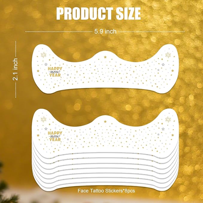 Happy New Year Freckles Face Tattoo - Glittering Stars & Fireworks in Metallic Gold & Silver | Waterproof Facial Gems for NYE Makeup, Festival Celebration & New Years Eve Party Supplies 2026