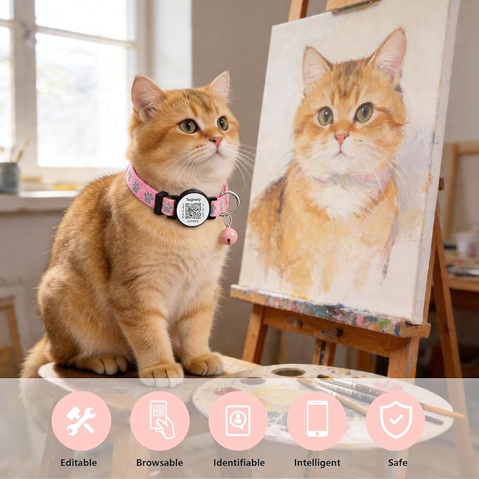 Peace of Mind Cat Collar 2-Pack: QR Code Tag with Permanent Online ID + Breakaway Reflective Collar, Scan for Immediate Contact if Lost (Pink & Black)