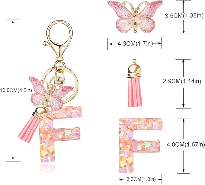 Fashion Alphabet Initial Letter Keychain Tassel Butterfly Pendant Key Ring for Purse Handbags Women Girl