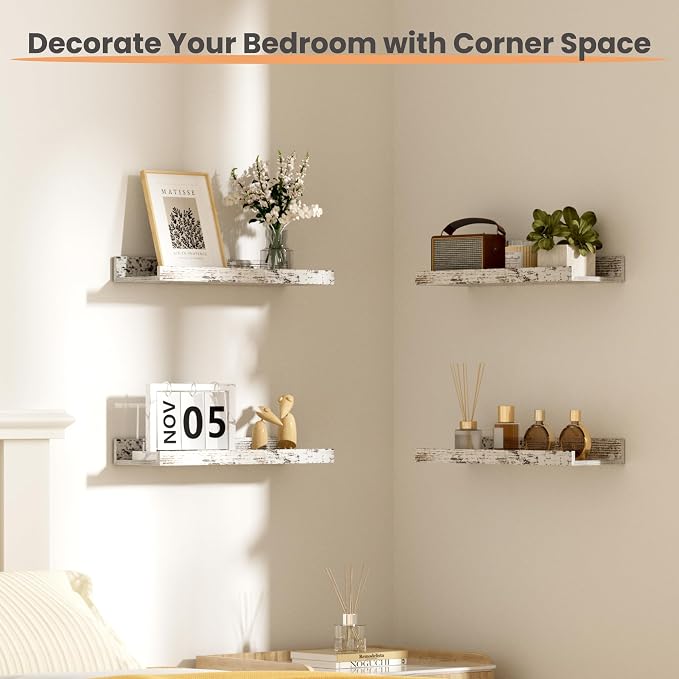upsimples Floating Shelves for Wall Decor Storage Rustic White,6Pcs 15.7'' | Wall Mounted Wood Shelves for Living Room, Bedroom, Bathroom, Kitchen, Office, Laundry Room Display and Organize