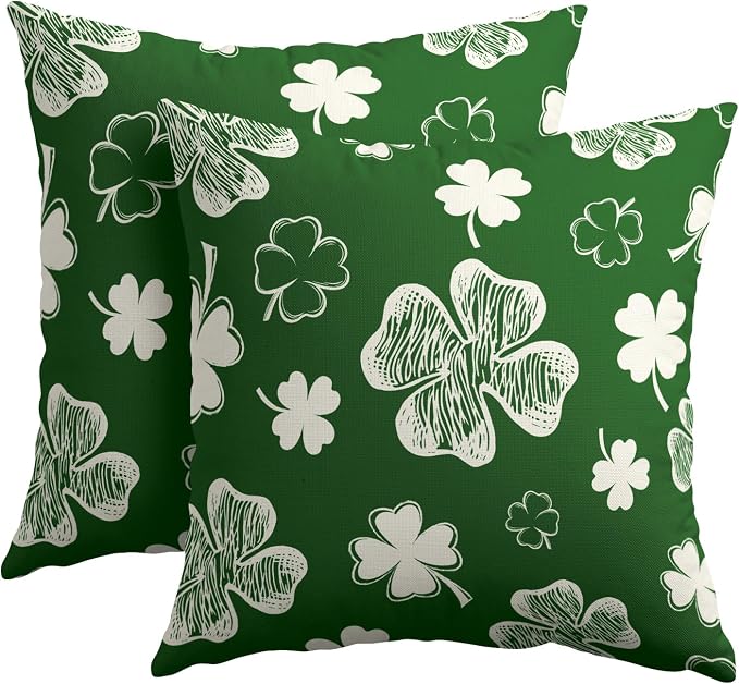 Kawani St Patricks Day Pillow Covers 16x16 Inch Set of 2 Spring Green Shamrock Clover Lucky Pillowcase Cotton Linen Square Cushion Case for Couch Sofa Bed Holiday Decoration