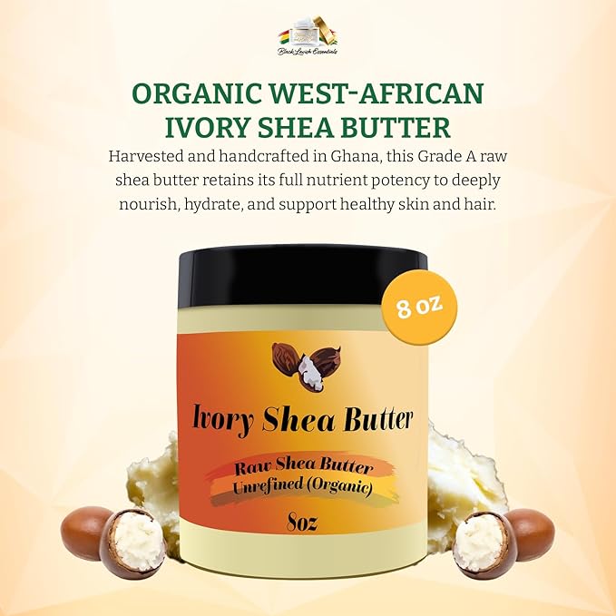 Organic West-African Ivory Shea Butter, Raw & Unrefined Grade A Shea Butter, DIY Ingredient, Moisture-Rich Skin & Hair Butter, Fast Absorbing, 8 oz Jar