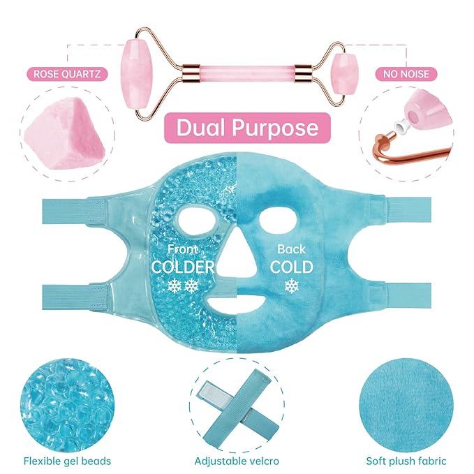 ZNÖCUETÖD Ice Face Facial Jade Roller and Ice Face Mask Cold Cooling Gel Mask Gift Set for Women Aging Wrinkles Lifting Firming Puffy Eyes, Eye Face Neck Roller Massager SPA Tools