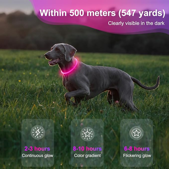 Light Up Dog Collar - Waterproof LED Pet Collar Rechargeable, TPU Cuttable Glow in the Dark Dog Lights for Night Walking (Pink)