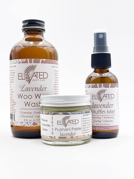 Elevated (by Taylor's Naturals) Ladies Bestie Kit | Woo Woo Wash, Muffin Mist, Puanani Paste | All Natural Feminine Care - Keeps You Fresh, Moisturized & Balanced | Glass (Lavender)