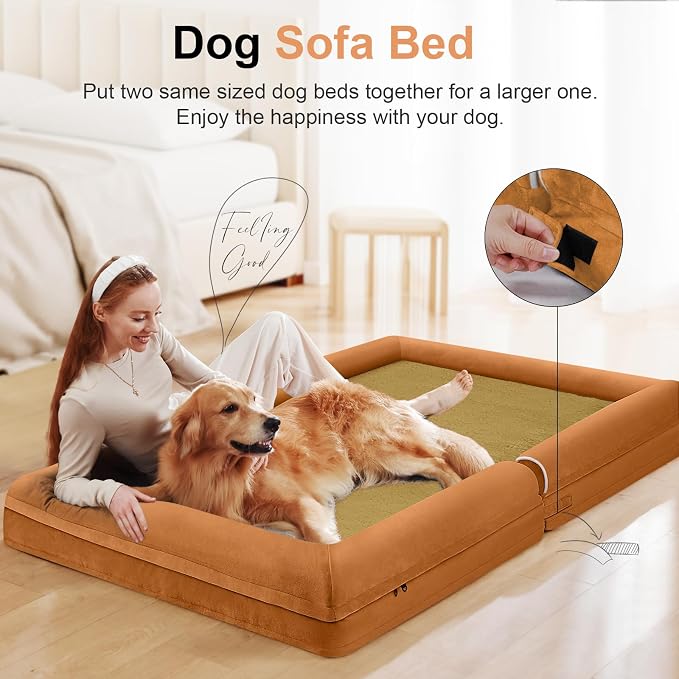 Orthopedic Dog Bed for Jumbo Dogs, 53 x 42 Inch, Orange | Egg crate foam for joint support, 3-sided bolster pet sofa, waterproof lining, washable cover, and non-skid base