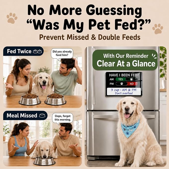 Dog Feeding Reminder Sign with Magnet, Pet Feeding Reminder Sign, Daily Pet Feeding Chart, Dog Feeding Calendar, AM/PM Pet Feeding Tracker, Writable Whiteboard Area for Pet Names & Notes