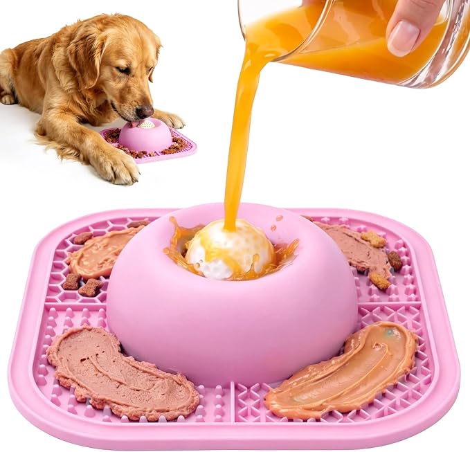 Slow Feeder Dog Bowls & Lick Mat for Liquid and Thick Treat, Anti-Slip Dog Lick Bowl with Interactive Rolling Ball, 5/6 Cup Pup Licking Toy for Large Medium Small Dogs and Cats-Large Pink