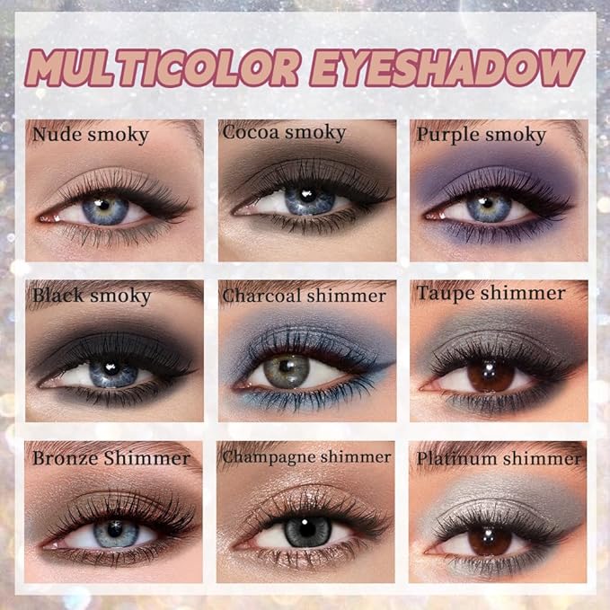 12 Colors Highly Pigmented Eye Shadow Palette Makeup Kit for Women, White Nude Purple Black Silver Bronze Eyeshadows, Matte Smoky Shimmery Metallic Shades Eyeshadow Palette Long-Lasting Waterproof