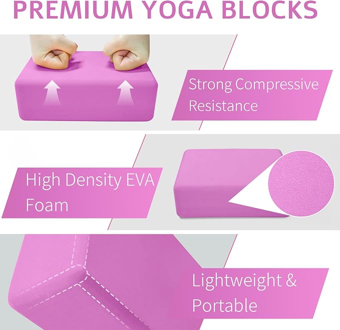 Yoga Blocks 2 Pack, Premium Yoga Brick Foam Blocks to Improve Strength, Flexibility & Balance, Light Weight - Safe and Stable Support for Yoga, Pilates, Meditation & Stretching